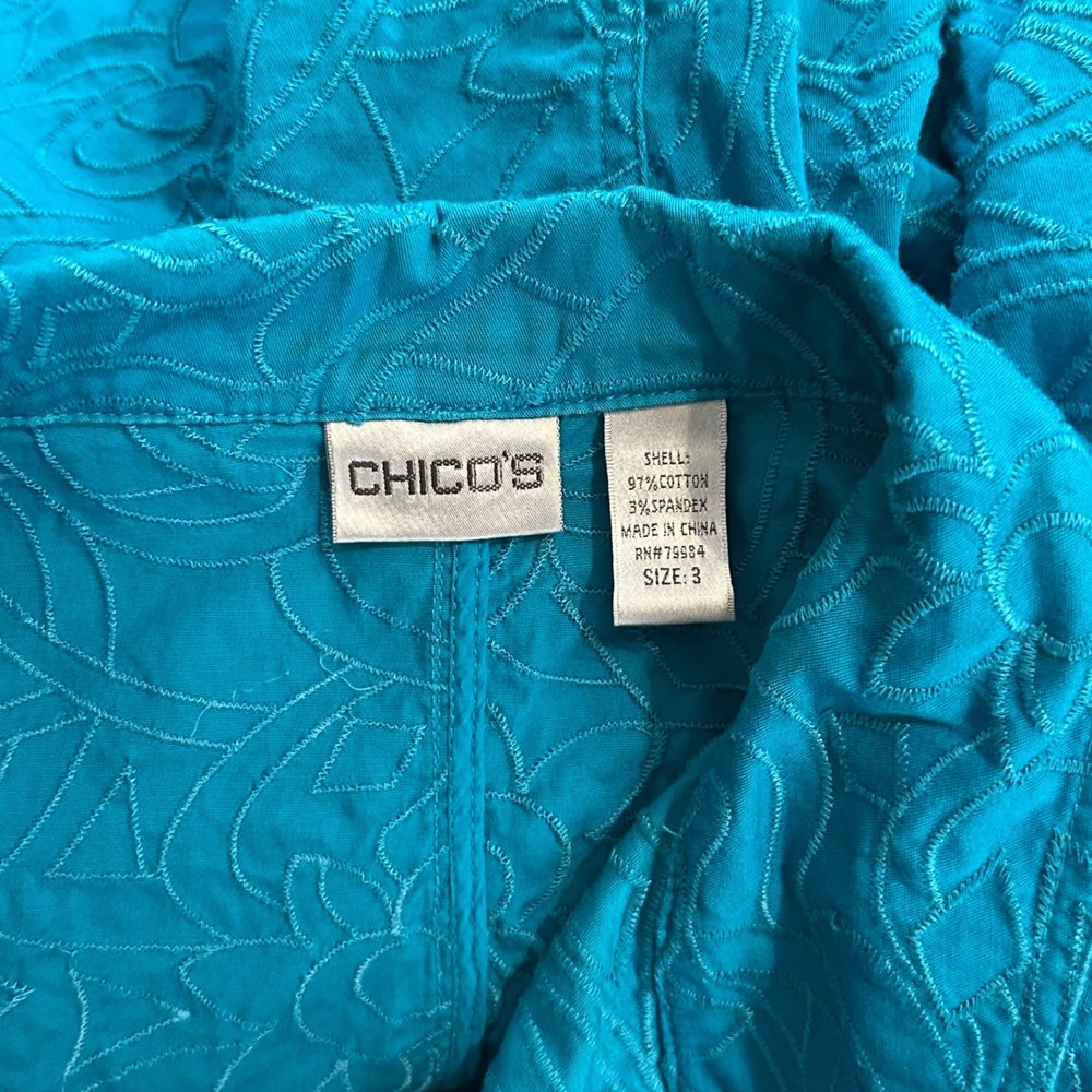 Chico's Button Front Jacket Women Size 3 Teal Blue Embroidered Cotton Stretch - Picture 6 of 8